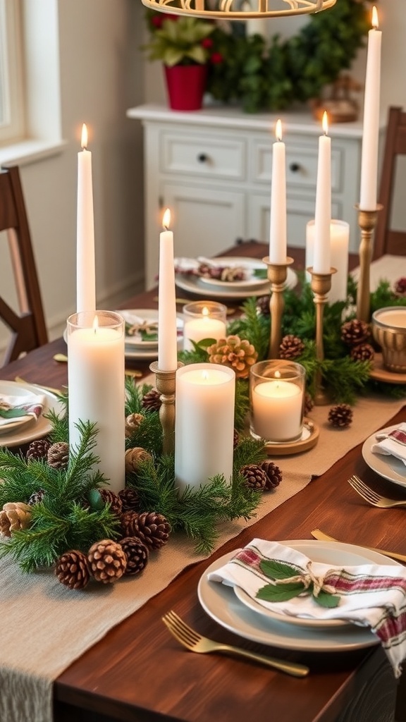 A Christmas table decorated with DIY candles, pinecones, and greenery, creating a warm festive ambiance.